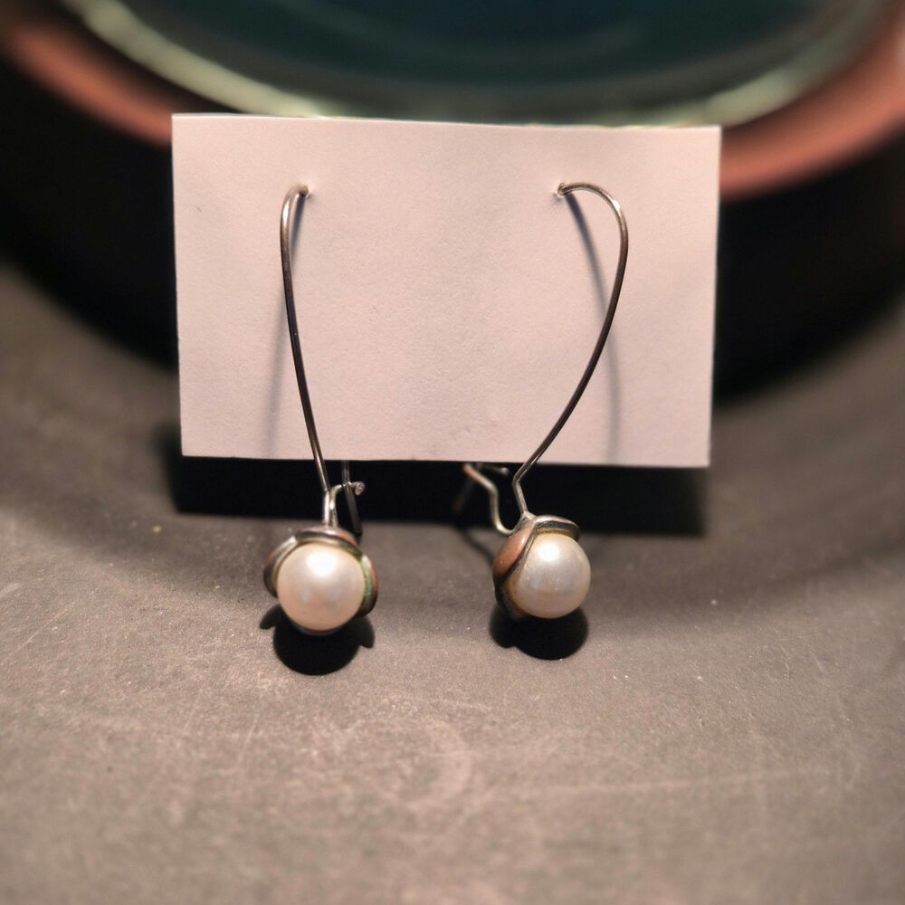 Vintage Silver Faux Pearl Drop Threader Earrings Goth Whimsigoth‎ Grunge